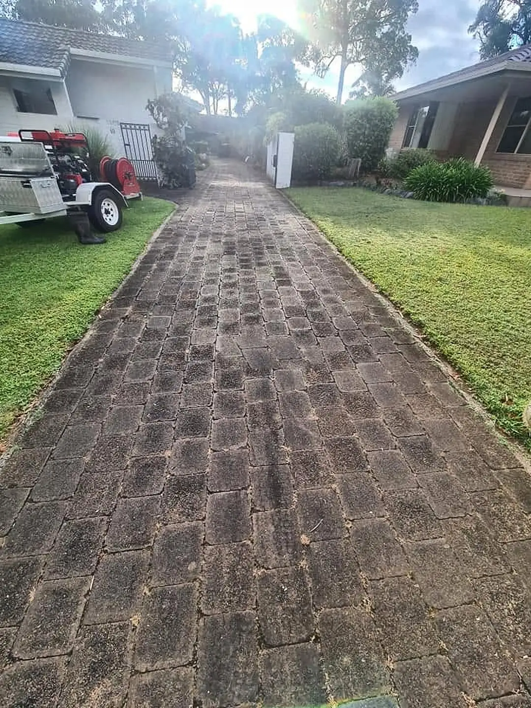 Brick paver driveway darkened by mould before cleaning