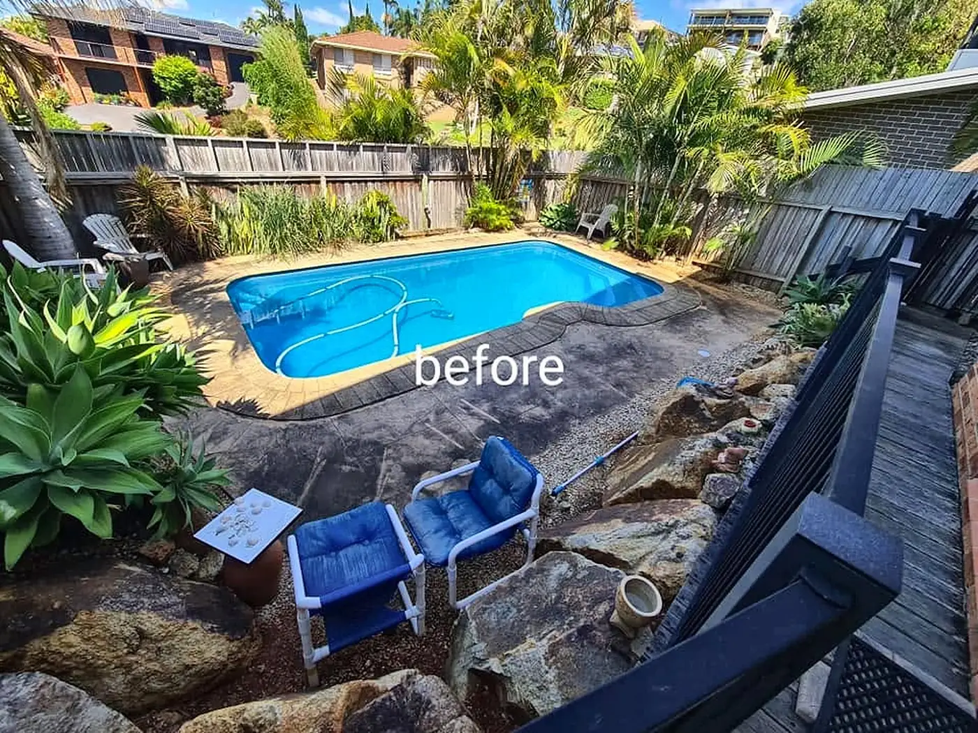 Pool surround grey with grime before cleaning