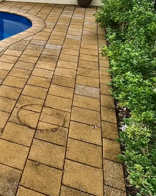 Pavers beside a pool with dark patches and a stained ring mark